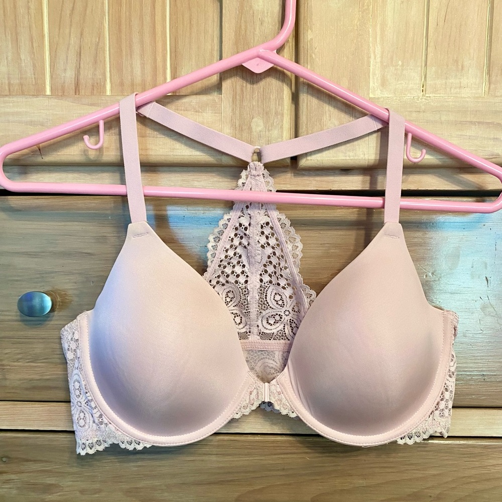 Pink front closure bra